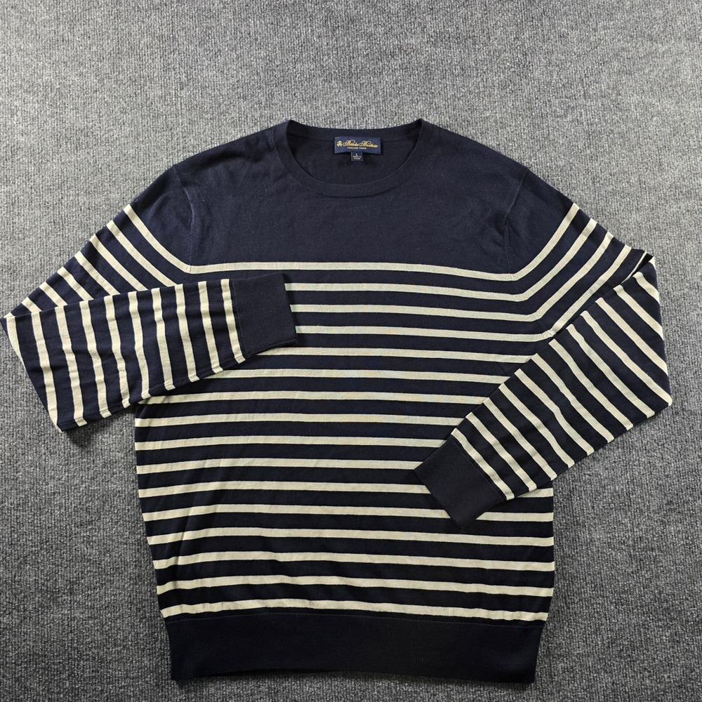 Brooks Brothers Italian Yarn Striped Crewneck Sweater Navy Cream Mens Large